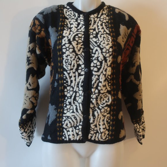 Womens Kitty Hawk By Vivian Wang Black/Multi Print Cardigan Sweater S * - Picture 3 of 6
